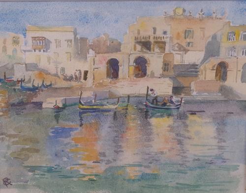 R*** C*** (20th century), Boats in a harbour, signed with initials (lower left), 18 x 23cm, together with a Naive School picture of HMS Bounty on...