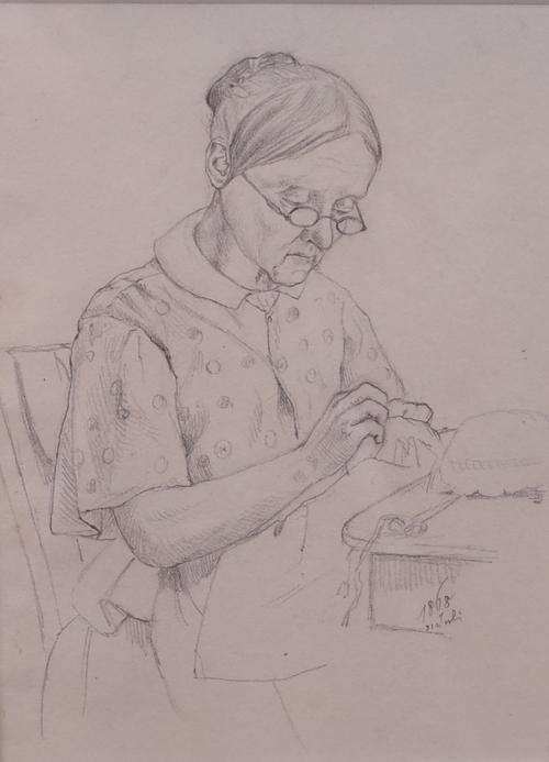 Johann Knoechl (19th century), A lady sewing, dated '1868 31 July', pencil on paper, 16 x 12cm, together with; three needleworks of flowers framed as...