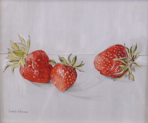 Isobel Watson (British, 1971-2013), Still life of strawberries, signed 'Isobel Watson' (lower left), watercolour and bodycolour on paper, 12 x 14cm...