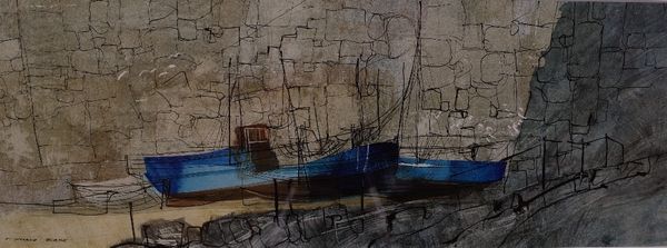 Frederick Donald Blake (British, 1908-1997), Boats in harbour, signed 'F Donald Blake' (lower left), watercolour and ink, 16.5 x 45.5cm ARR