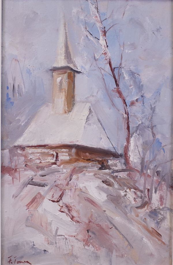 F*** Tonea (20th Century), Romanian village church in the snow, signed 'F Tonea' (lower left), oil on canvas, 43.5 x 28cm