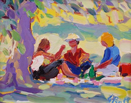 Jeffrey Pratt (British, b. 1940), Picnic Above Aurel, signed 'J Pratt' (lower right) and bears label (verso), oil on board, 18.5 x 23.5cm ARR