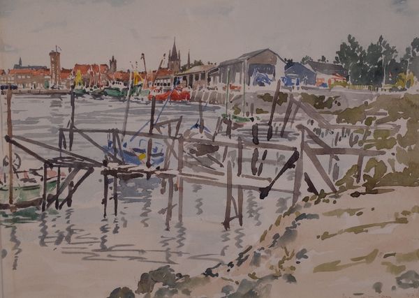 Ian Duncan (British, 20th Century), Jetties, Nieuwpoort, Belgium, signed and dated 'Ian Duncan 1981' (lower right), watercolour, 24 x 34cm ARR