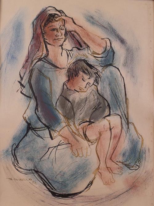 Thomas de Mello (Brazilian, 1906-1990), Mother and child, signed and dated 'Th de Mello 52' (lower left), mixed media on paper, 27 x 20.5cm