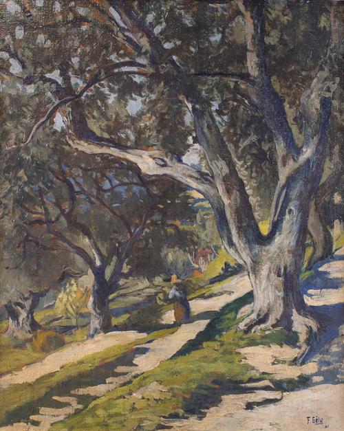 F*** Gely (20th Century), A woodland path, signed and dated 'F Gely 31' (lower right), oil on canvas, 59 x48cm