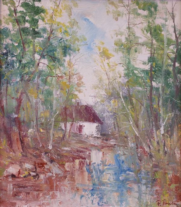 F*** Tonea (20th Century), House by a woodland stream, signed 'F. Tonea' (lower right), oil on canvas, 49 x 43cm