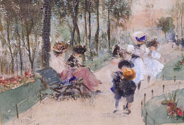 William Walcot (British, 1874-1943), Women and children in a park, signed and dated 'W Walcot 08' (lower left), watercolour and gouache, 18 x 26.5cm