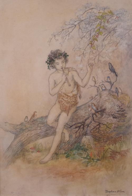 Daphne Allen (British, 1899-1985), Pan, signed 'Daphne Allen' (lower right), ink and watercolour, 24.5 x 17cm, to be sold with; a cel from a 1994 BBC...