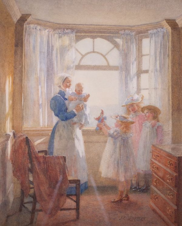 Robert Little (British, 1854-1944), Baby's Birthday, signed and dated 'R Little 1901' (lower right) and inscribed on label verso, watercolour, 41 x...