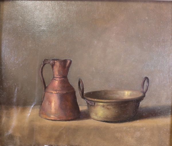 *** Eronimo (European, 20th Century), Still life of a jug and a pot, indistinctly signed 'Eronimo' (lower left), oil on canvas, 44 x 53cm