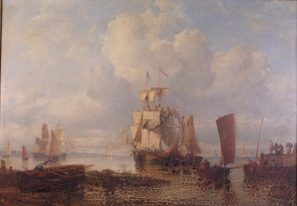 Follower of George Chambers, Shipping at North Esk, label inscribed 'North Esk' (verso), oil on canvas, 73 x 104cm