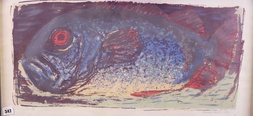 David Koster (British, b.1932), Fish, signed and dated 'David Koster 1958', screenprint, 36 x 76cm, to be sold with; David Tindle, Still life of...