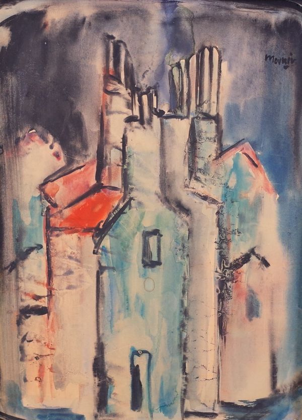 *** Mounir (20th Century), Urban scene, signed 'Mounir' (upper right), mixed media on card, 27.5 x 19.5cm