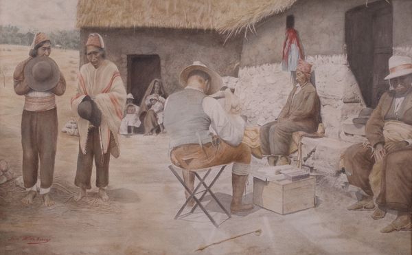 Jose M de Torres (20th Century), A gentleman in a native village settlement, signed 'Jose M de Torres' (lower left), watercolour, 31 x 49cm, together...