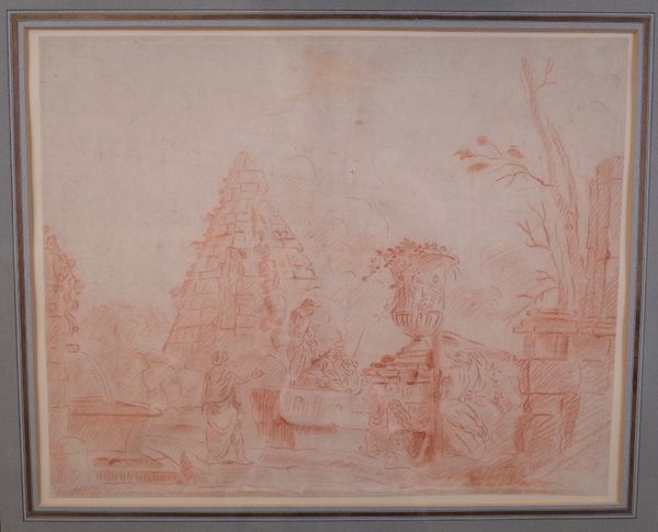 Follower of Hubert Robert, Figures among ruins, red chalk, 29.5 x 36.5cm