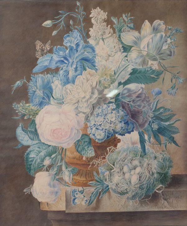 Petronella Van Woensel (Dutch, 1785-1839), Still life of flowers in a vase on a ledge by a nest with bird's eggs and insects, signed 'P Van Woensel'...