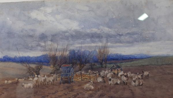 Attributed to Claude Hayes (British, 1852-1922), Sheep in a landscape, watercolour, 20 x 35cm, to be sold with English School, Figures by a cottage;...