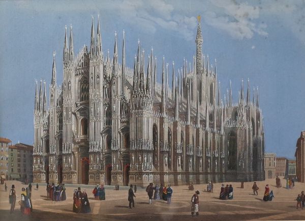 A pair of 19th century engravings of Milan Cathedral and the Arch of Peace, Milan, with overpainting and hand colouring in gouache, each 17 x 24.5cm...