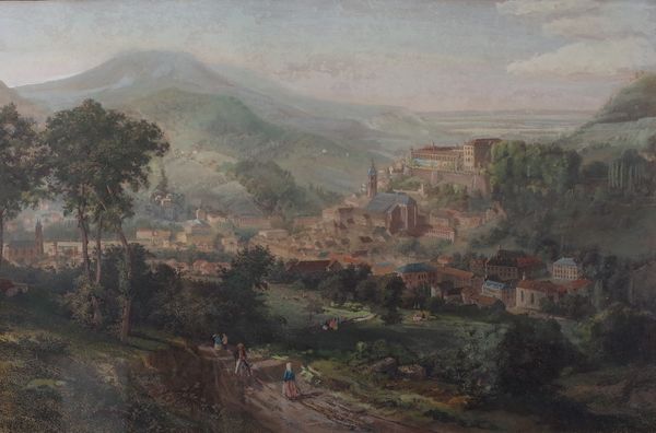 German School, 19th Century, Baden Baden, lithograph with hand colouring, 37 x 53cm