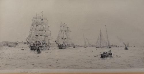 Rowland Langmaid (British, 1897-1956), Fantome and Valhalla off Cowes, Isle of Wight, signed in pencil 'Rowland Langmaid' (in lower margin), etching,...