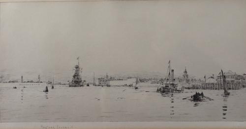 Rowland Langmaid (British, 1897-1956), A naval ship and other boats in Portsmouth Harbour, signed in pencil 'Rowland Langmaid' (in lower margin),...