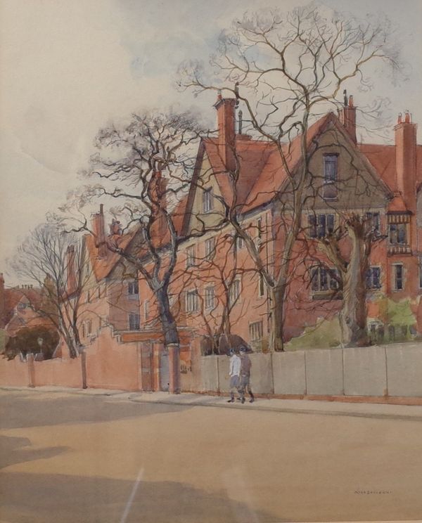 Nora Davison (British, fl. 1881-1905), An Eton House, Waynflete, signed 'Nora Davison' (lower right) and bears Malcolm Innes Gallery label (verso),...