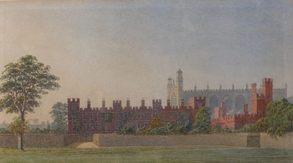 George Pyne (British, 1800-1884), The Wall, Eton College, with the chapel beyond, bears Michael Bryan label (verso), watercolour and pencil, 18 x 32cm