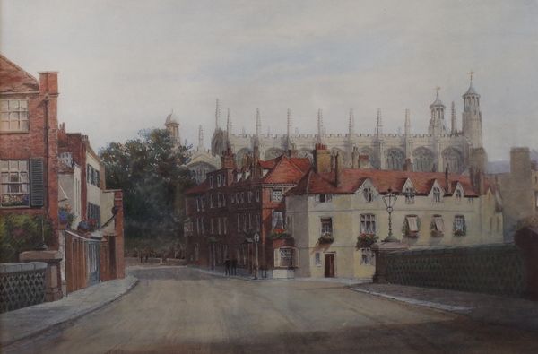 English School, 20th Century, An Eton street, Eton College Chapel beyond, indistinctly signed (lower right), watercolour and gouache, 30 x 44.5cm