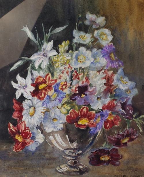 Marion Broom (British, 1878-1962), Still life of flowers in a vase, signed 'Marion Broom' (lower right), watercolour heightened with white, 54 x 45cm...