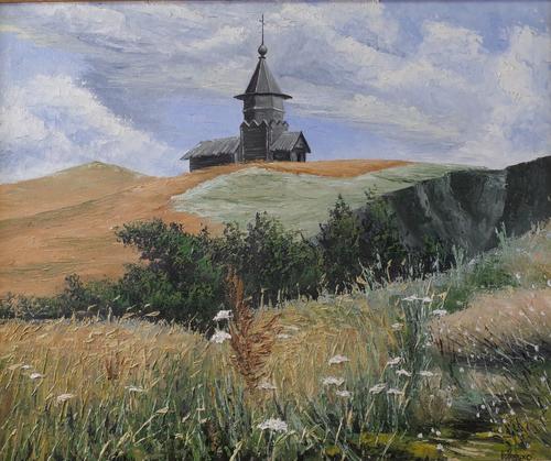 Russian School, 20th Century, A church on a hill in a landscape, indistinctly signed (lower right), oil on canvas, 48 x 58cm