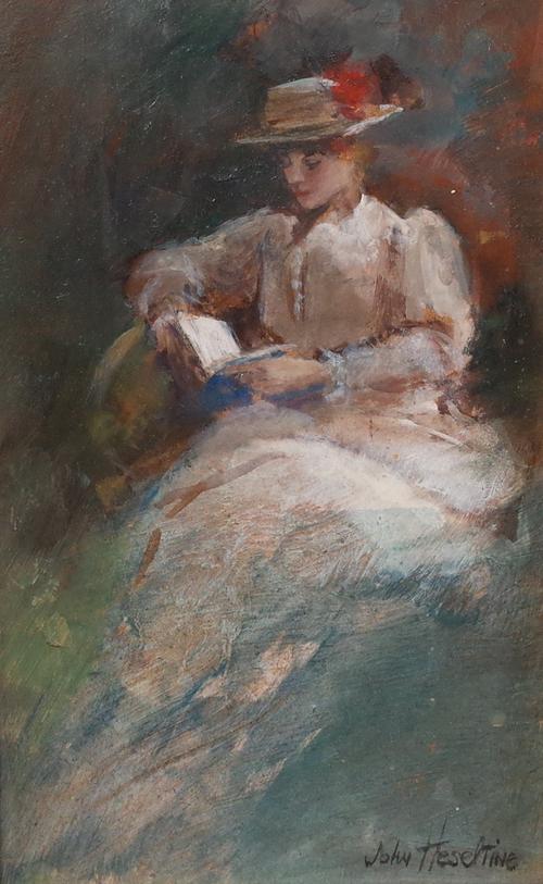 John Hesletine (British, b. 1923), A lady reading, signed 'John Heseltine' (lower right), oil on board, 21 x 12cm ARR