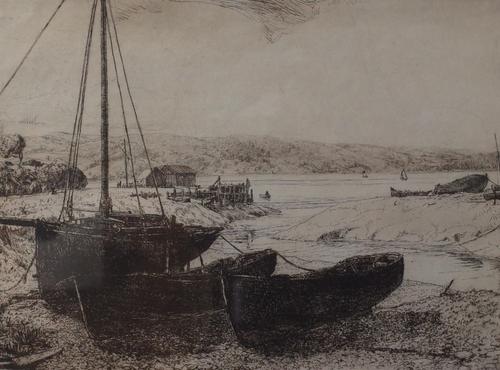 Attributed to Julius Komjati (Hungarian, 1894-1958), Fishing boats at low tide, dry point etching, 19 x 26cm  Provenance: Abbott and Holder ARR  to...