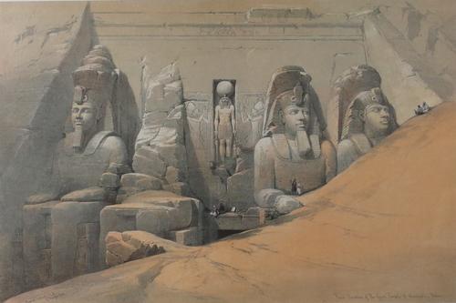 After David Roberts, Front Elevation of the Great Temple of Aboosimble, Nubia, reproduction print, image 37.5 x 52cm, and four others, various sizes...