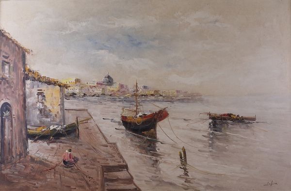 European School, 20th Century, Harbour scene, indistinctly signed (lower right), oil on canvas, 59 x 89cm