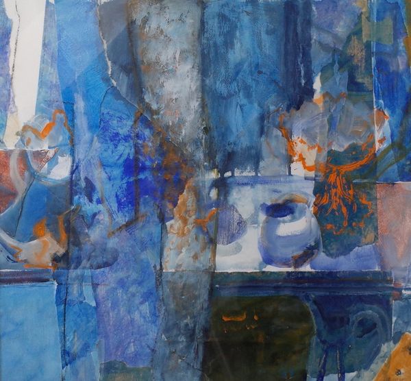 Gerda Loost (Dutch, 20th Century), Abstract items in blue, signed 'G Loost' (lower right), mixed media, 49 x 52cm, together with another abstract...