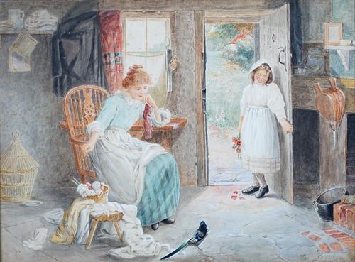 Follower of Haynes King, An Unexpected Visitor, bears signature and date '1884' (lower right), watercolour heightened with white, 39.5 x 54cm