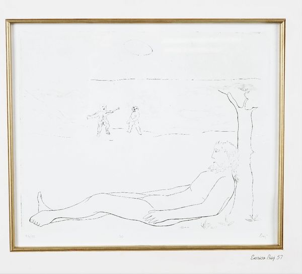 Enrico Baj (Italian, 1924-2003), A man lying under a tree, signed and numbered in pencil 'Baj, 30 51 (in lower margin) and inscribed 'Enrico Baj 57'...