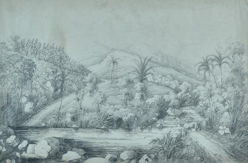 Attributed to Henrietta Laidlaw, nee D'Anglebarmes (British, 1808-1830), A View from the Garden on Tabery Estate, Dominica, bears contemporary...