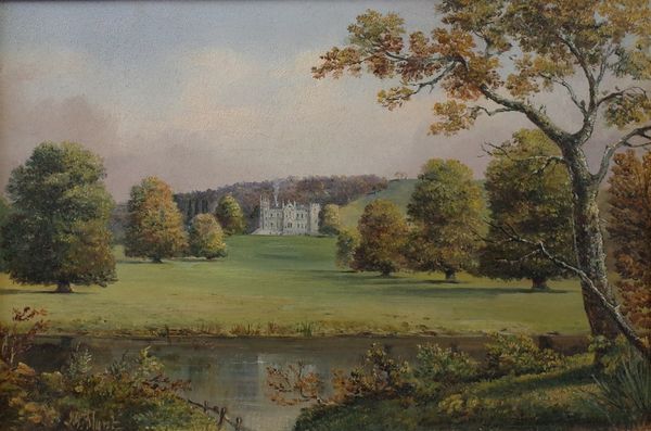 J H Blunt (British, late 19th/early 20th Century), A large country house in a parkland, signed 'J H Blunt' (lower left), oil on board, 19.5 x 29.5cm,...