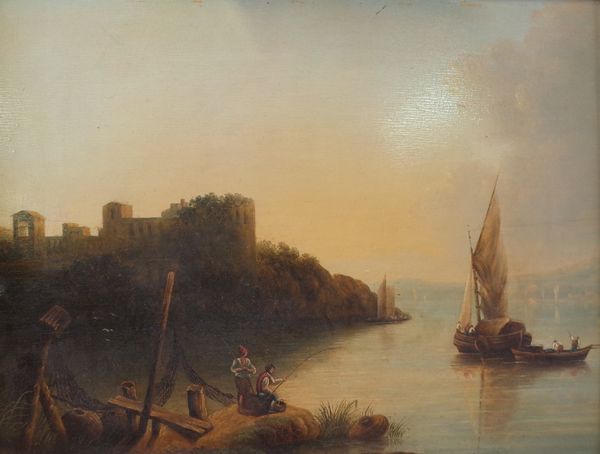 European School, 19th Century, Fisherman by a ruin, oil on board, 31.5 x 42cm