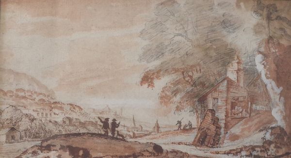 European School, 19th Century, Two men and a dog overlooking a coastal settlement, pencil and watercolour heightened with white, 15.5 x 28.5cm