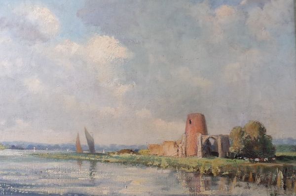 English School, 20th Century, An estuary scene with ruins and cows on the shore and boats in the distance, monogrammed 'JF' (lower left), oil on...