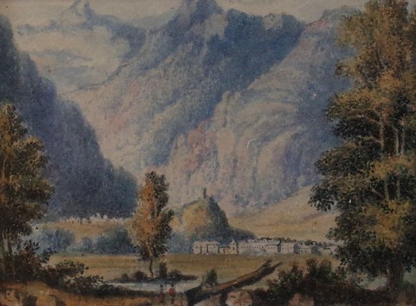 Follower of Richard Redgrave, Valley of Luz, Haut Pyrenees, inscribed in pencil (in mount), watercolour, 6 x 8cm, together with another 19th century...