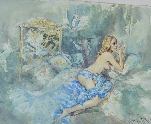 Gordon King (British, b. 1939), A semi nude woman on a bed, signed 'Gordon King' (lower right), watercolour, 49 x 62cm ARR