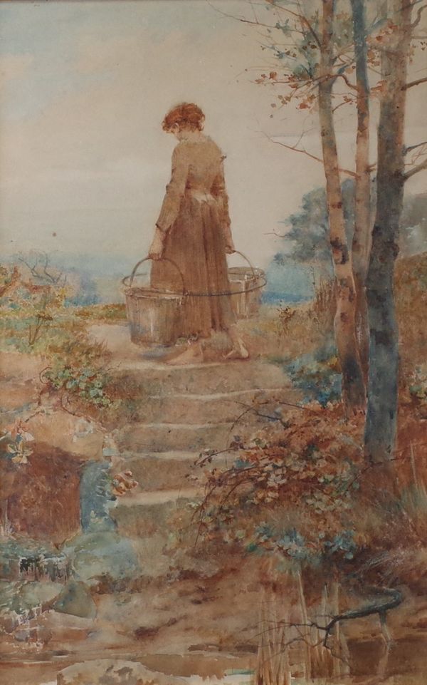 Henry Edgar Crockett (British, 1870-1926), A girl collecting water, watercolour, 61 x 39cm, together with another watercolour by the same hand of a...