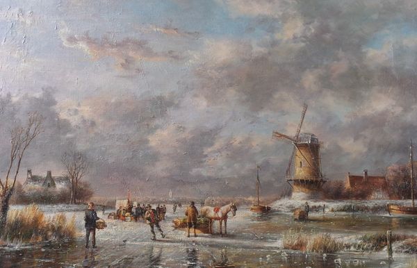 Follower of Charles Leickert, Skaters on a frozen river, oil on canvas, 40.5 x 61cm, (unframed)