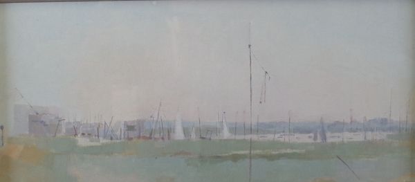 J*** Elliott (British, 20th Century), Sailing boats in a harbour, signed and dated 'J Elliott 84' (lower right), oil on board, 20 x 44cm ARR