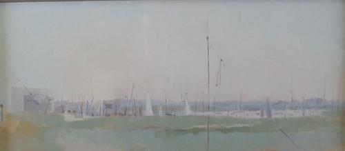 J*** Elliott (British, 20th Century), Sailing boats in a harbour, signed and dated 'J Elliott 84' (lower right), oil on board, 20 x 44cm ARR