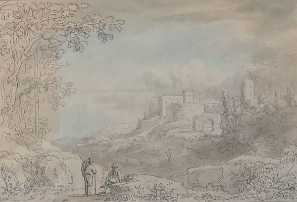 Anthony Devis (British, 1729-1817), Travellers in front of a ruined fort, ink and wash, 14 x 20.5cm