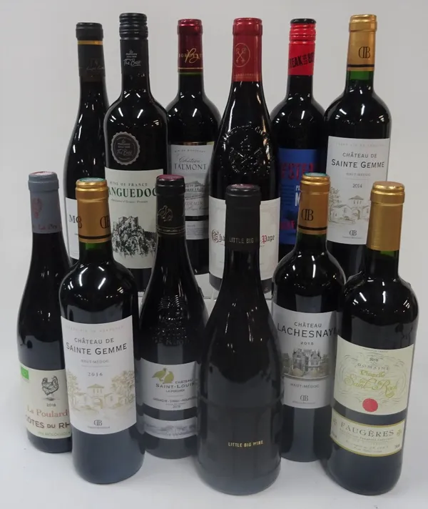 French Red Wine: La Poulardiere Cotes du Rhone 2018; Chateau de Sainte Gemme Haut-Medoc (2 bottles, 2014 & 2016); Chateau Saint-Louis La Perdrix...